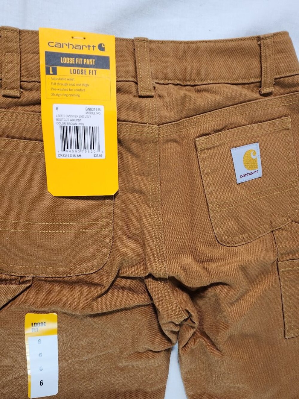 Carhartt Kids Loose Fit Flannel Lined Canvas Utility Pants Brown BN8316-B Sz 6